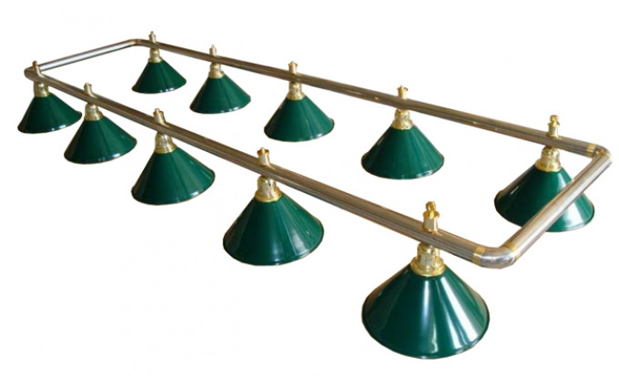 Лампа на десять плафонов "Evergreen" (серебристо-золотистая штанга, зеленый плафон D35см)